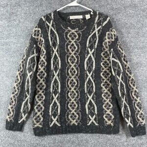 VTG Perry Ellis Sweater Mens Large Black Cable Knit Cotton Blend Heavy Hand Knit